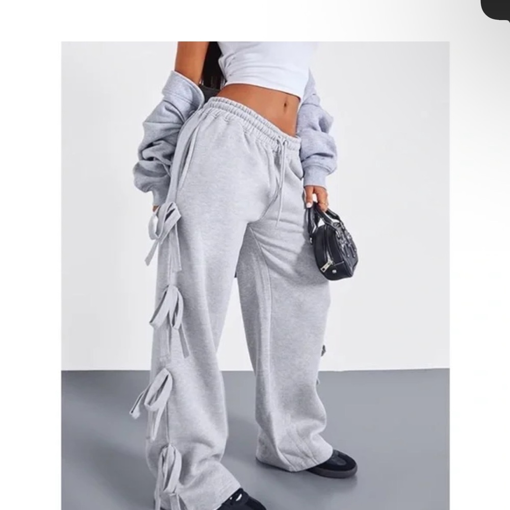 New Pretty Little Thing Stylish Women's Gray Joggers with Side Bows